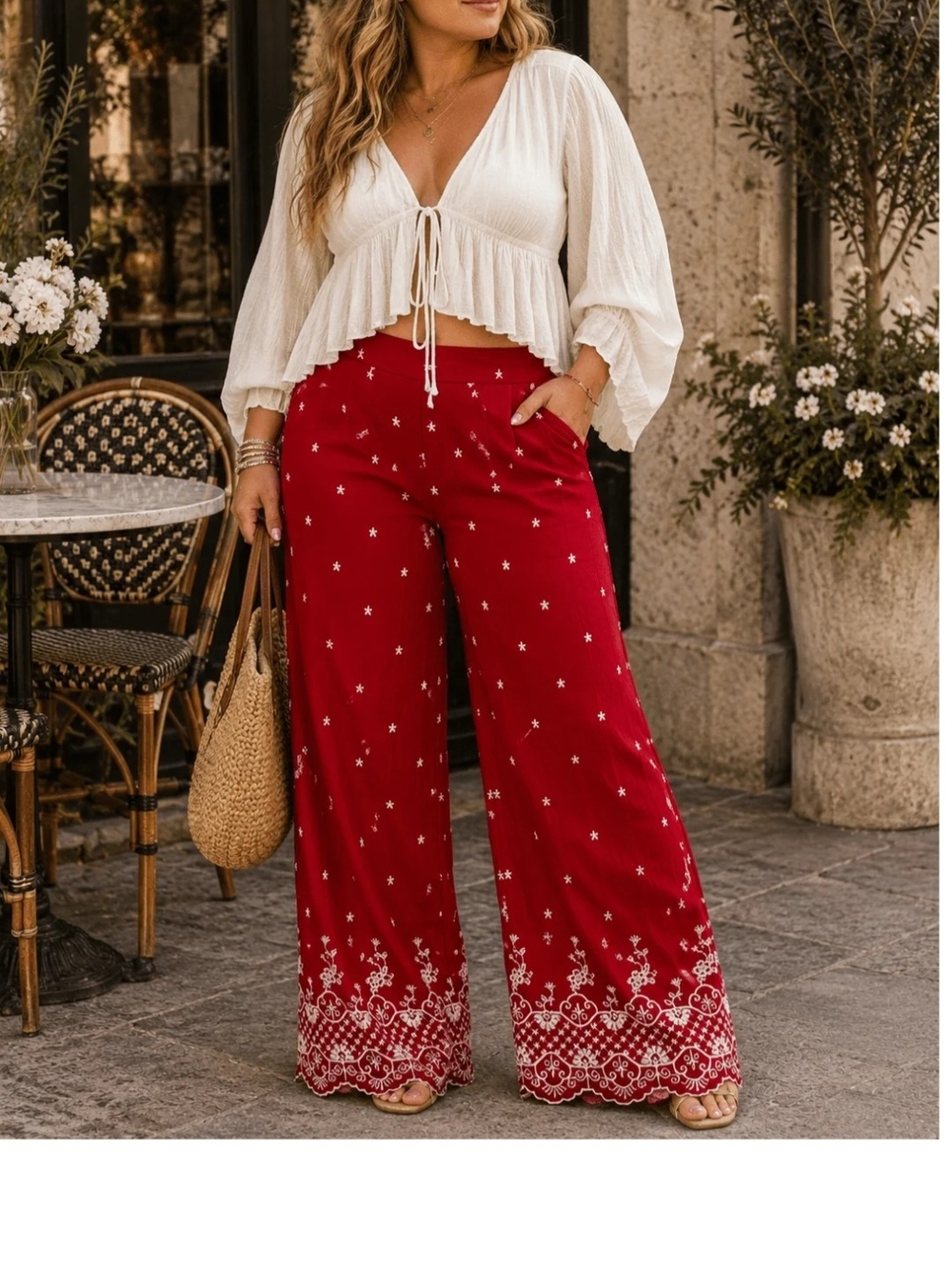 Women’s Burgundy Floral Embroidered Wide Leg Curvy Pants